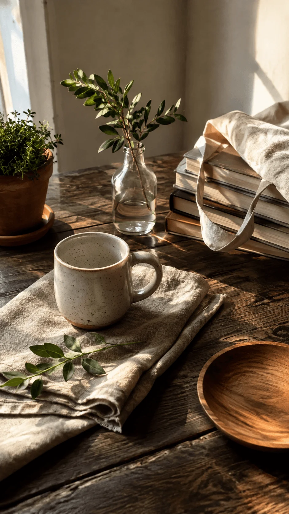 Zero waste still life photography with a ceramic cup, reusable linen cloth, leafy branches, glass vase, potted plant, stacked books, and wooden bowl arranged on a rustic table in natural sunlight.