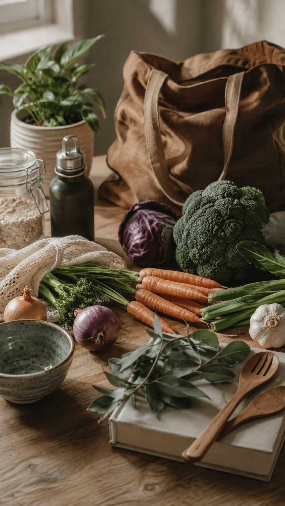 Zero waste still life photography featuring fresh vegetables, reusable containers, a canvas tote bag, wooden utensils and natural materials on a rustic table