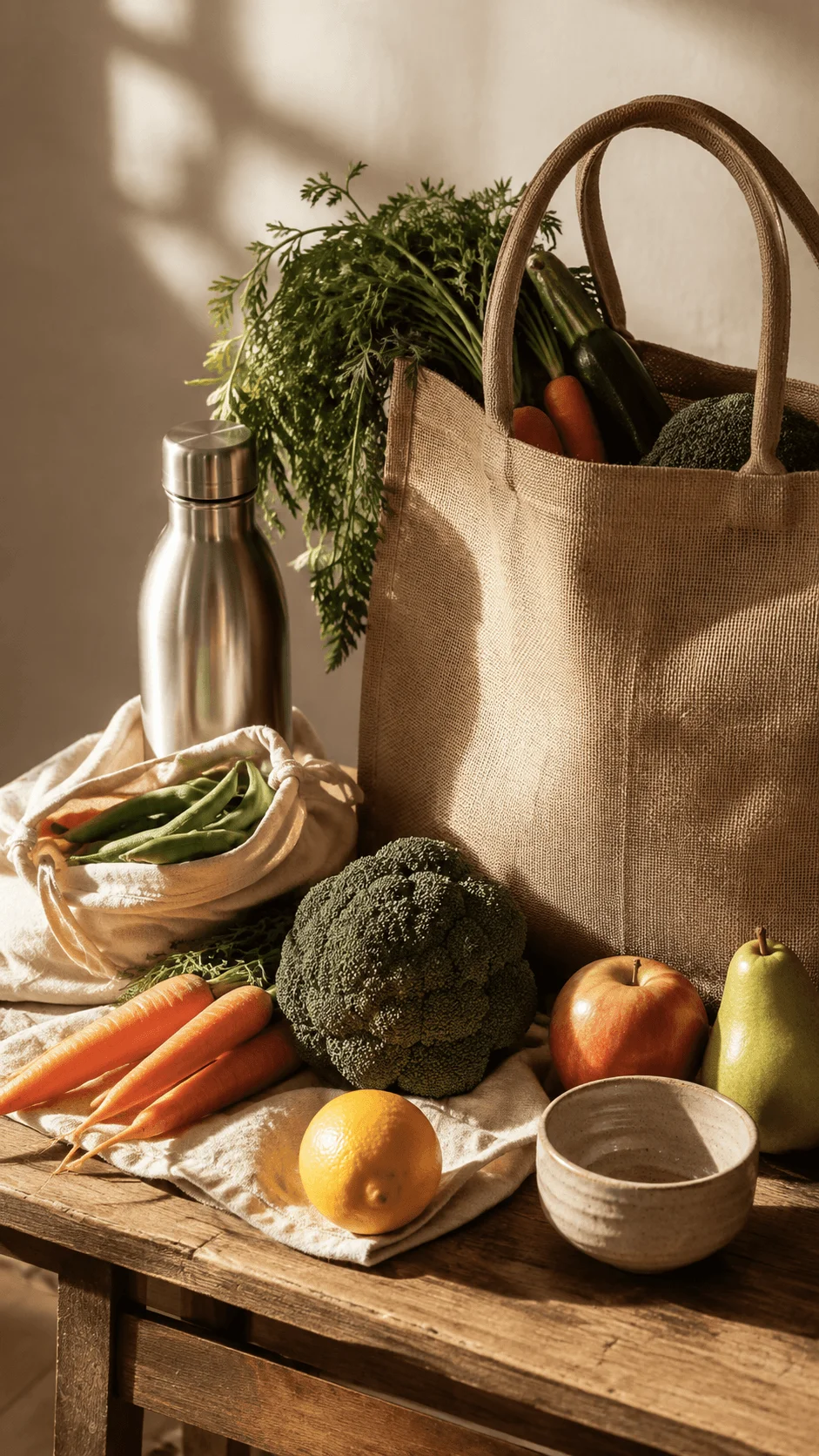 Zero waste still life with reusable grocery bags, fresh vegetables, fruits, a stainless steel water bottle, and a ceramic bowl on a rustic wooden table