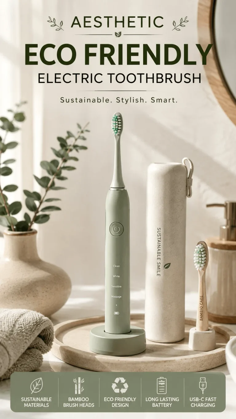 Aesthetic eco friendly electric toothbrush with sage green handle bamboo brush head sustainable materials charging stand and minimalist bathroom decor