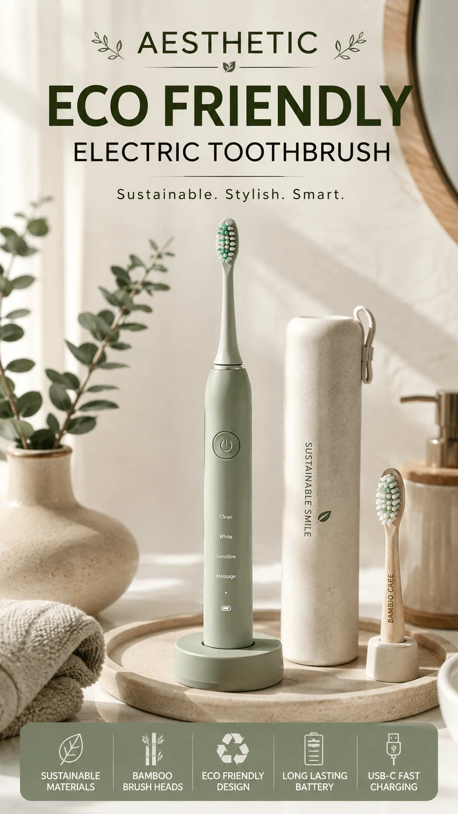 Aesthetic eco friendly electric toothbrush with sage green handle bamboo brush head sustainable materials charging stand and minimalist bathroom decor