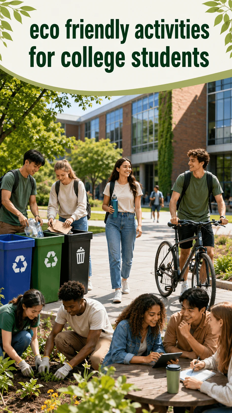 College students participating in eco friendly campus activities including recycling cycling gardening and sustainability planning