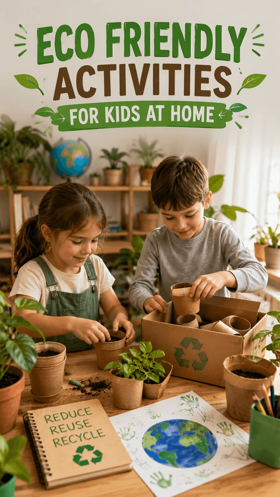 Children enjoying eco friendly activities at home with recycled materials, potted plants, gardening supplies, and environmental artwork on a wooden table