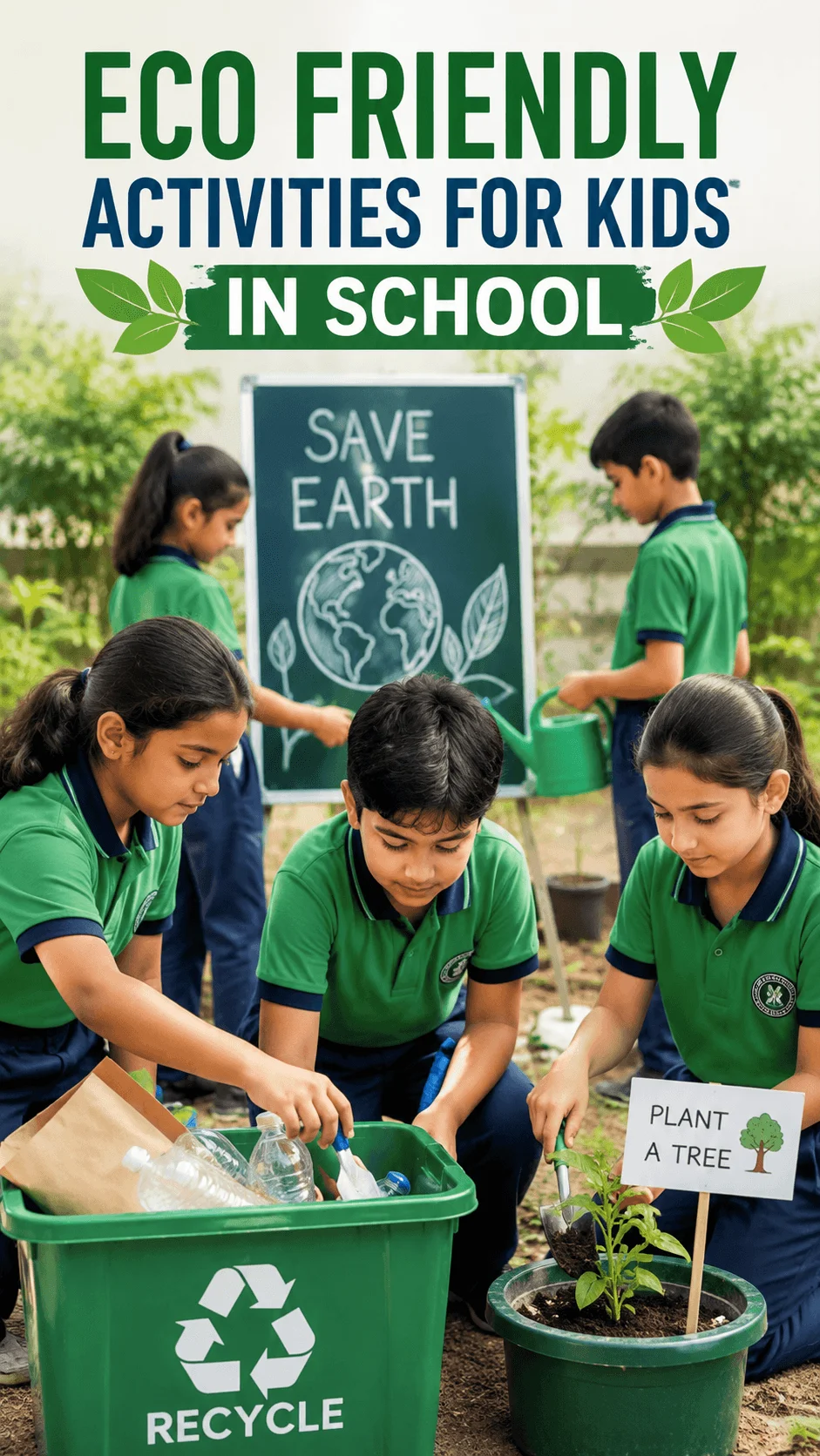 School children recycling plastic bottles and planting a tree during eco friendly activities outdoors