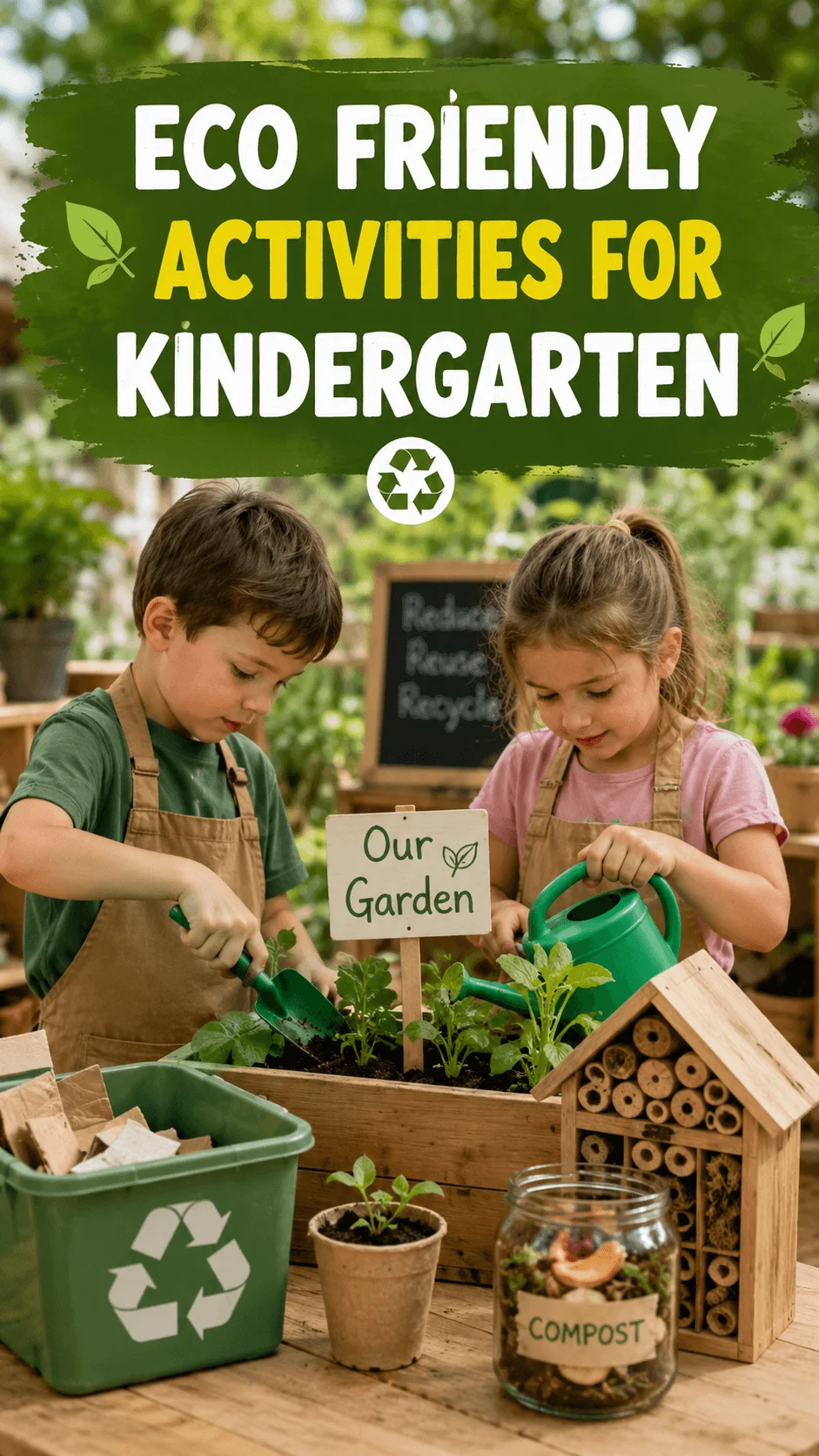 Eco friendly activities for kindergarten with children gardening, recycling, composting and caring for nature