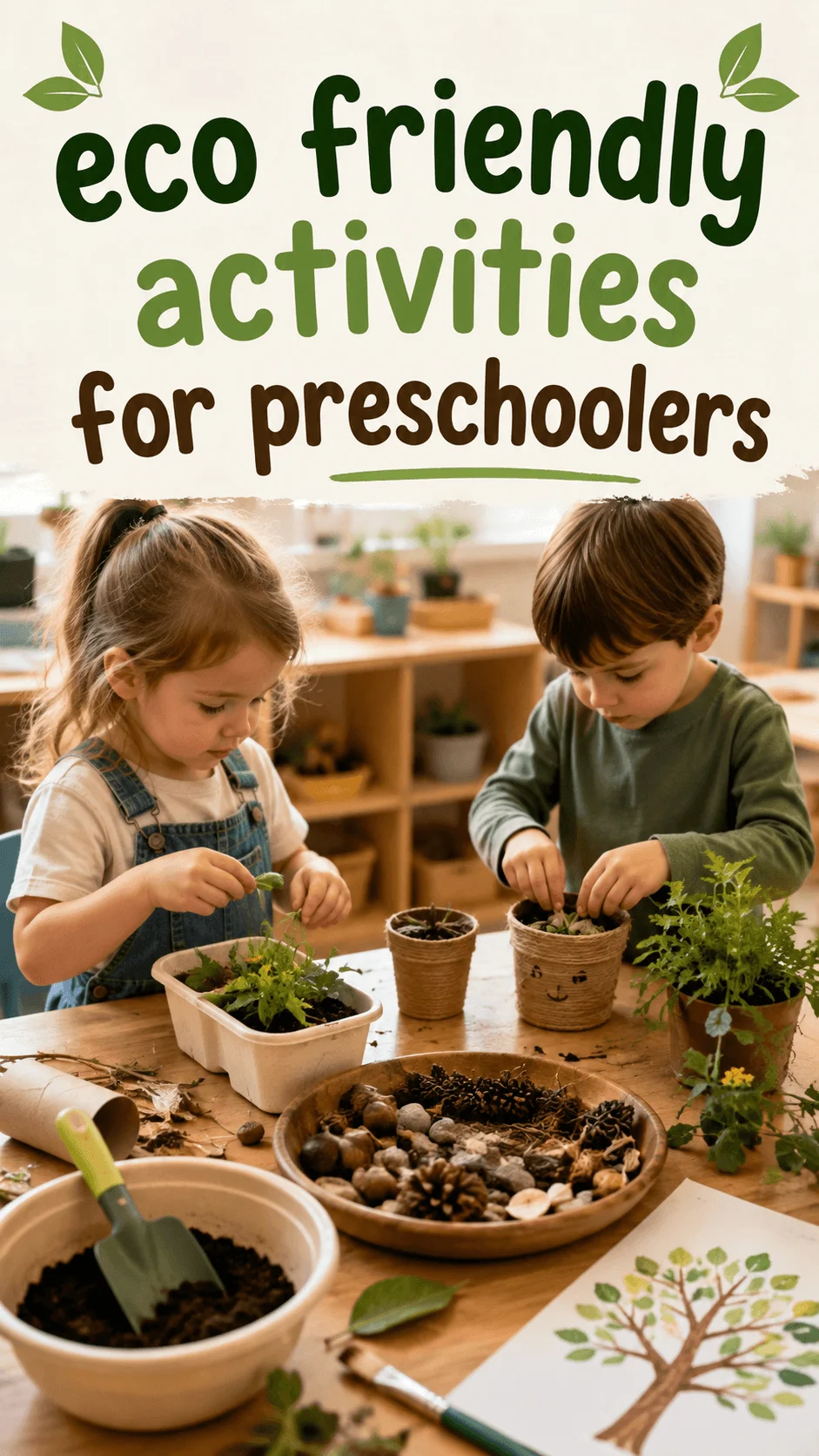 Two preschool children planting small plants in pots during an eco friendly classroom activity with soil, leaves, natural materials, gardening tools, and nature themed artwork on a wooden table