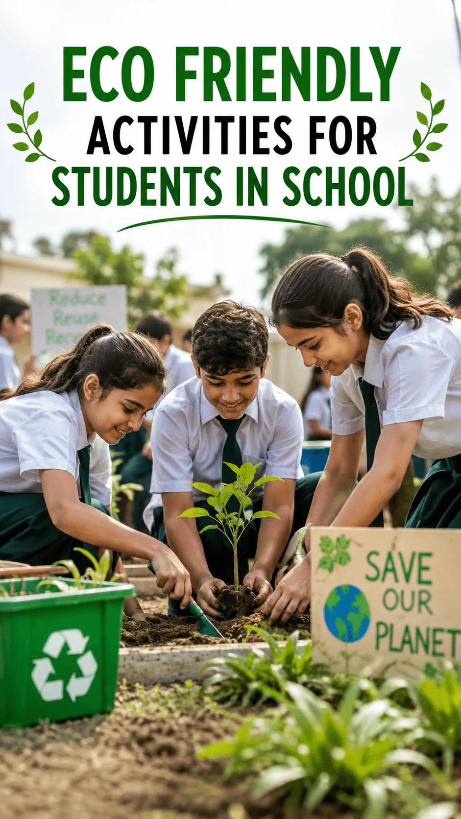 Three students planting a young tree in a school garden, surrounded by greenery, recycling bins, and environmental awareness signs.