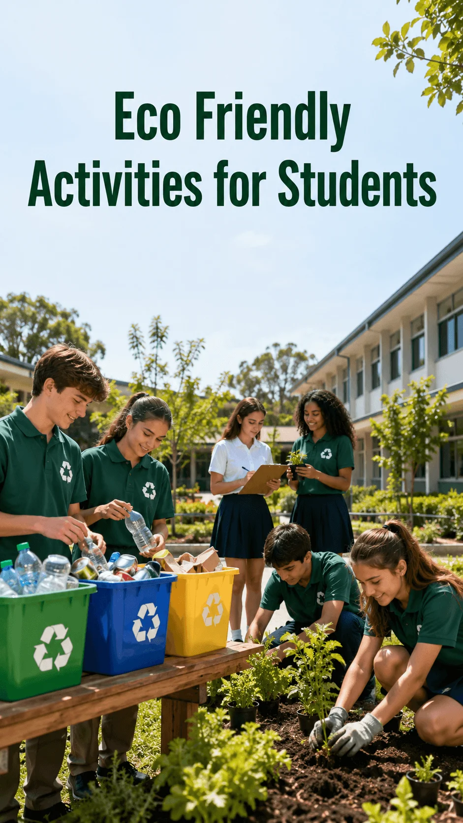 Students participating in eco friendly school activities with recycling bins and gardening projects