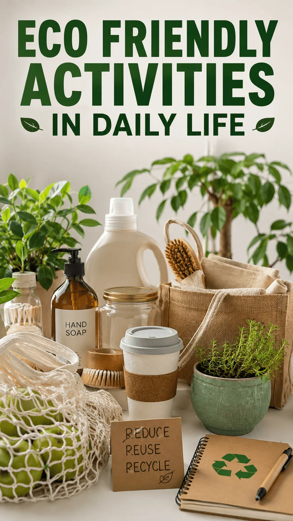 Eco friendly daily life essentials with reusable bags glass jars natural brushes refillable containers plants and recycling supplies