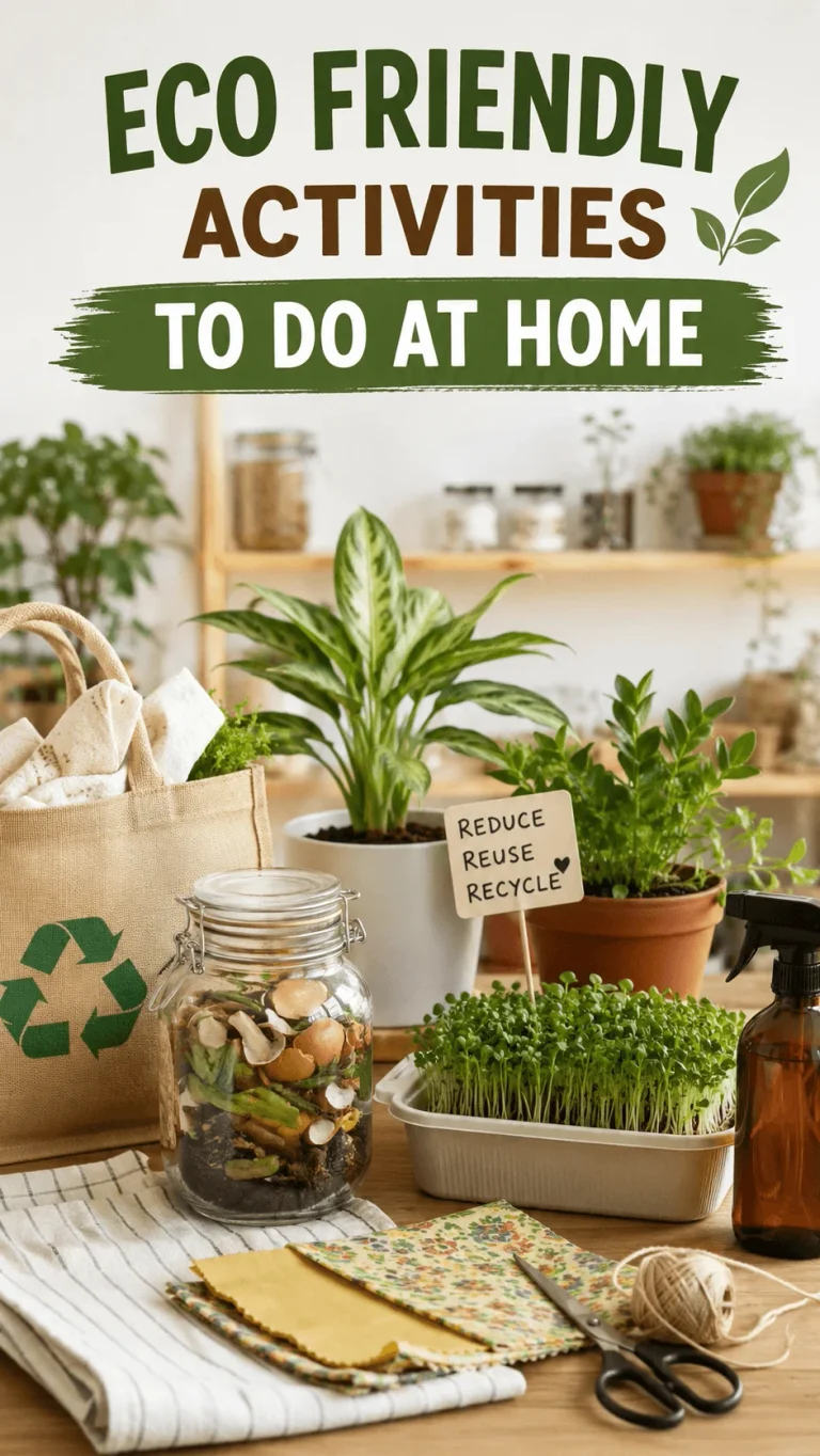 Eco friendly activities to do at home with indoor plants, a compost jar, reusable materials, and recycling supplies