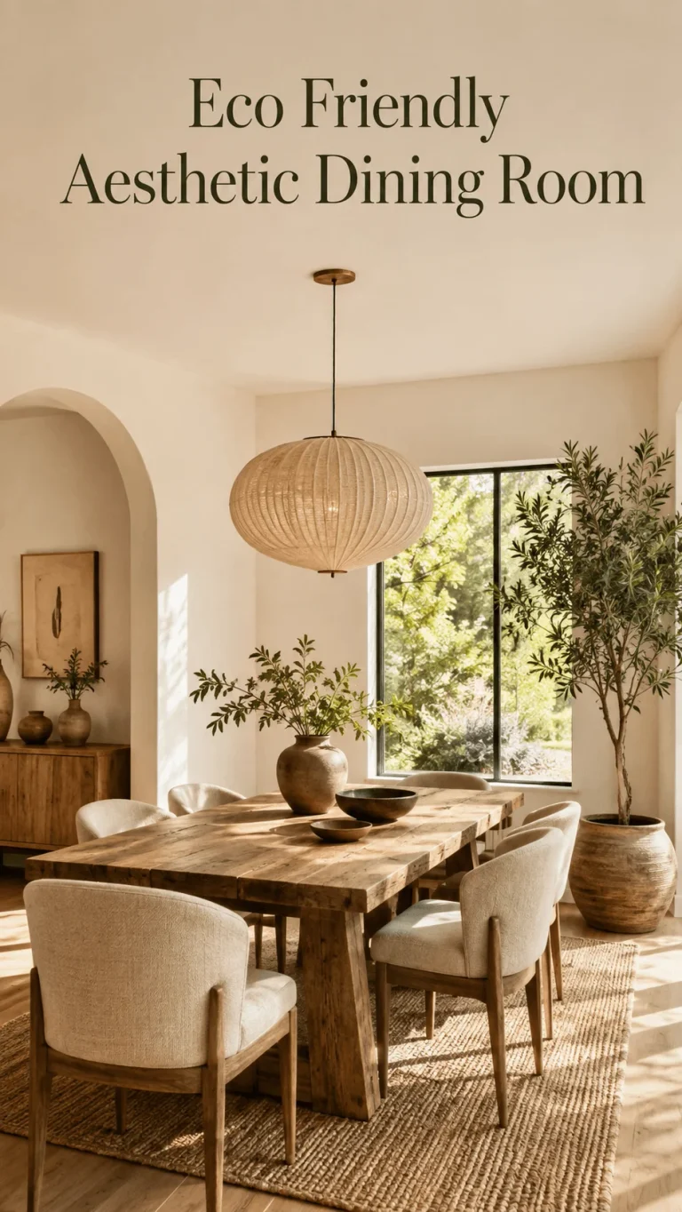 Eco friendly aesthetic dining room with reclaimed wood table natural fiber rug cream upholstered chairs woven pendant light and indoor greenery