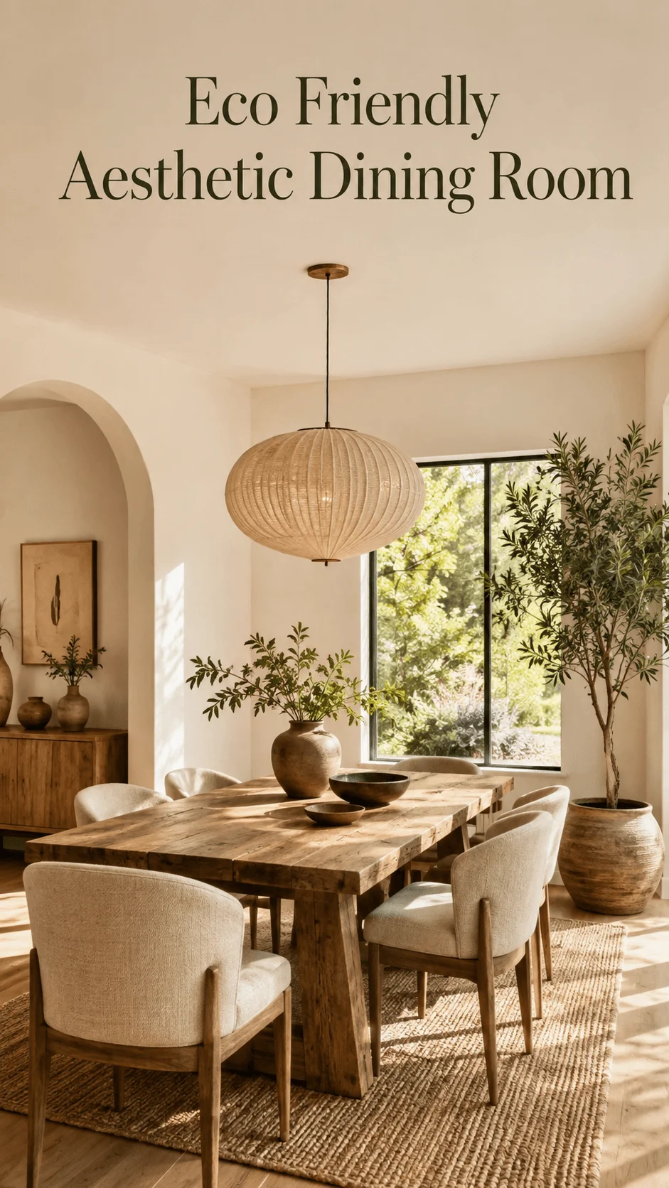 Eco friendly aesthetic dining room with reclaimed wood table natural fiber rug cream upholstered chairs woven pendant light and indoor greenery