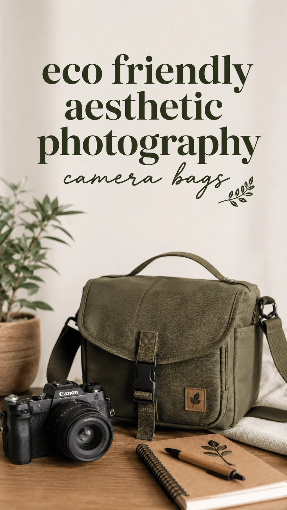 Eco friendly aesthetic photography camera bag with a camera and notebook on a wooden table