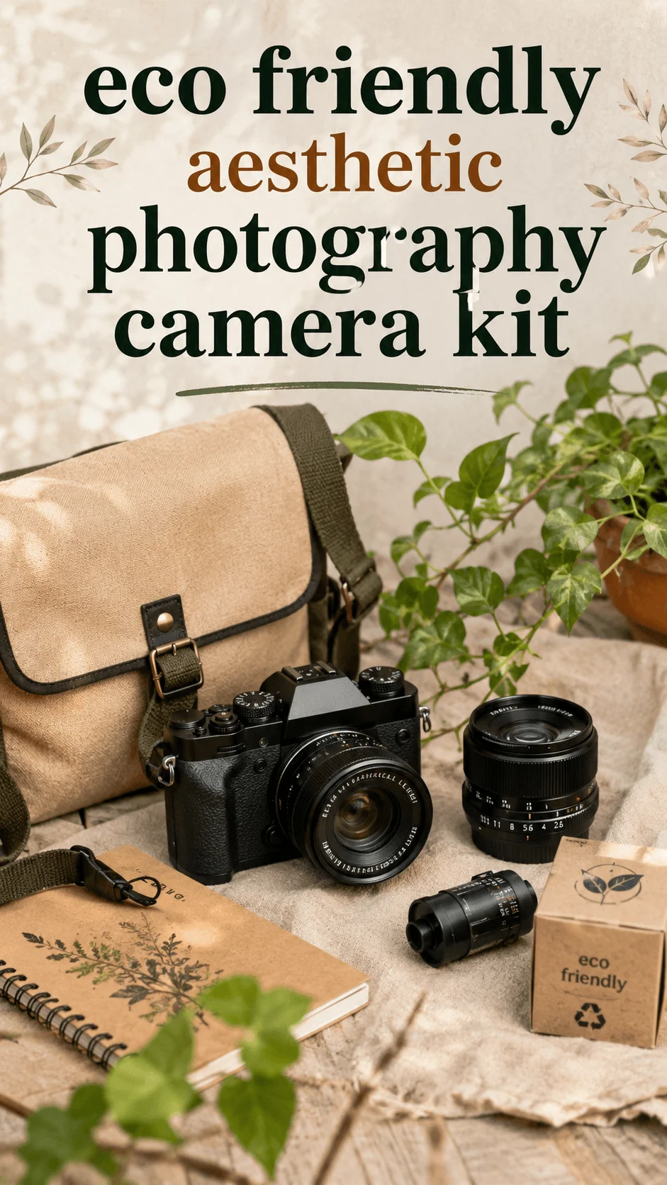 Eco friendly aesthetic photography camera kit with a vintage camera, interchangeable lens, canvas camera bag, notebook, film roll, recycled cardboard box, and green plants