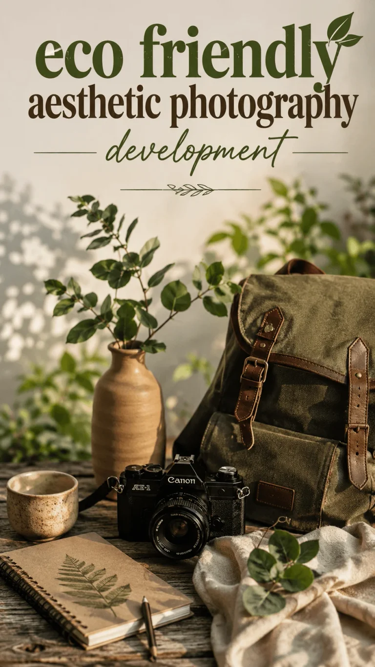 Eco friendly aesthetic photography setup with a vintage camera, canvas backpack, ceramic vase with greenery, notebook, and natural textures on a rustic wooden table
