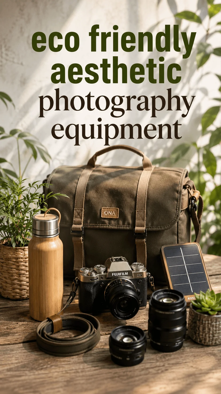 Eco friendly aesthetic photography equipment with a Fujifilm camera, camera lenses, canvas bag, reusable wooden bottle, solar panel, and potted plants on a rustic wooden table