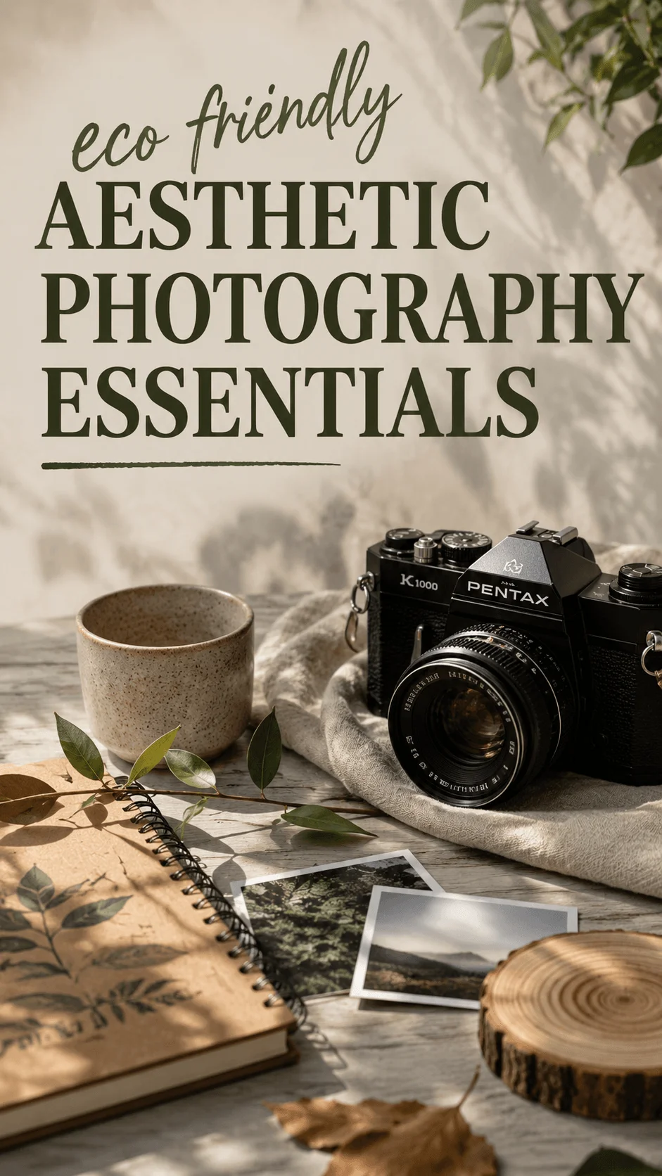 Eco friendly aesthetic photography essentials with a vintage camera, ceramic cup, notebook, printed photos, natural leaves, and rustic wooden decor on a softly lit table