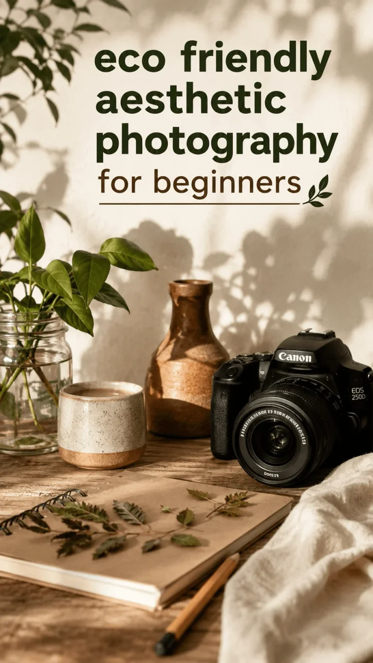 Eco friendly aesthetic photography for beginners featuring a camera, ceramic mug, botanical leaves, rustic wooden table and natural light