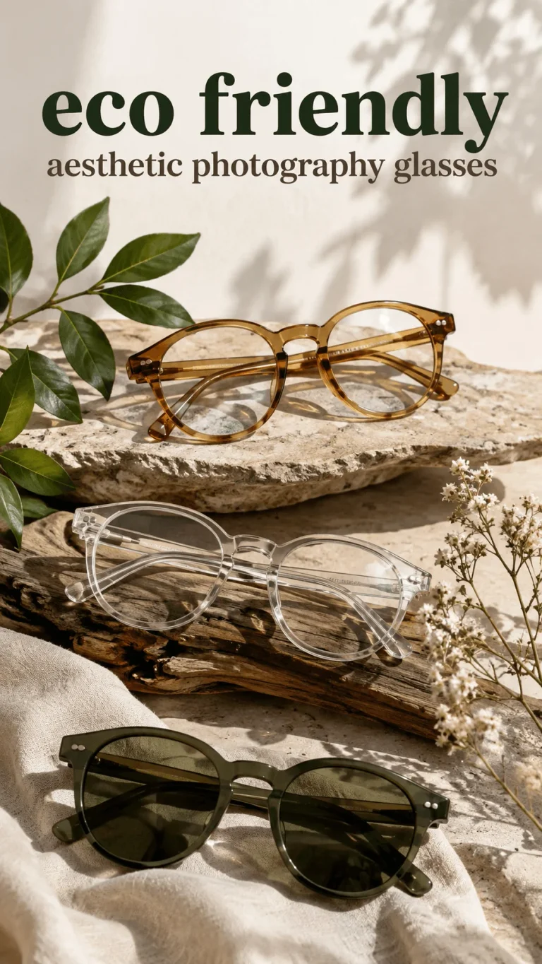 Eco friendly aesthetic photography glasses in amber clear and dark green frames arranged on natural wood and stone with leaves and soft sunlight