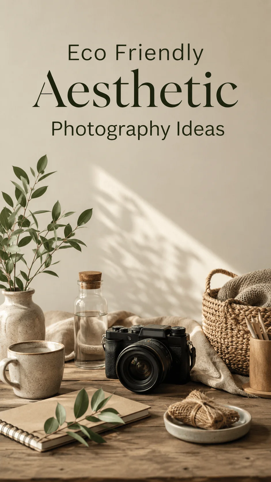 Eco Friendly Aesthetic Photography Ideas with a camera, plants, ceramic cup, glass bottle, woven basket and natural textures arranged on a rustic wooden table in warm natural light