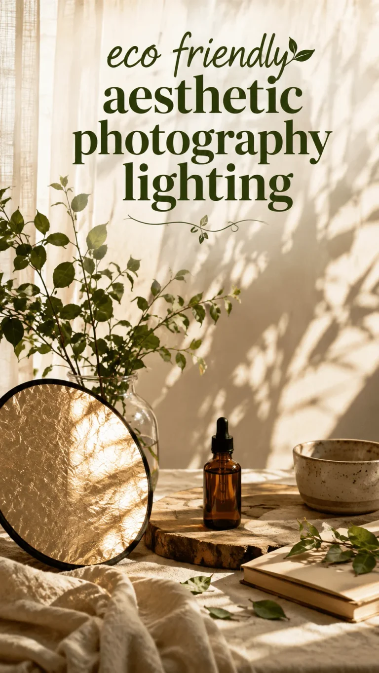 Eco friendly aesthetic photography lighting setup with natural sunlight, plants, reflective light, a glass vase, amber dropper bottle, ceramic bowl, wooden surface, and an open book in a warm earthy setting