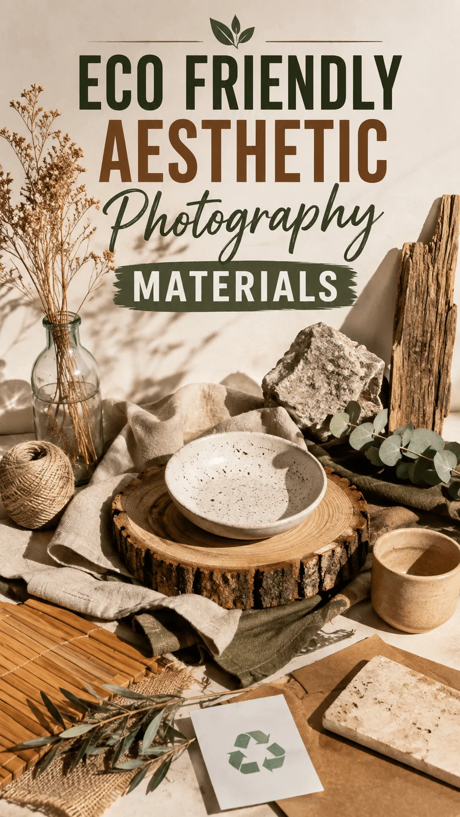 Eco friendly aesthetic photography materials featuring natural wood, linen fabric, ceramic dishes, dried botanicals, glass, stone, and recycled decor in warm earthy tones