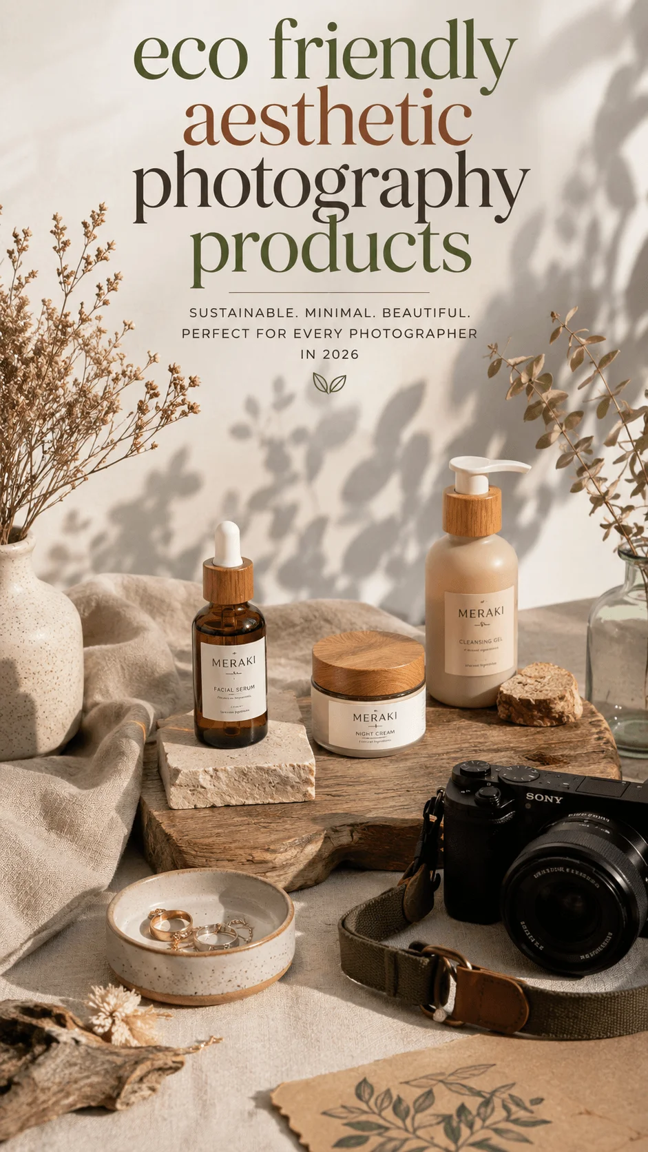 Eco friendly aesthetic photography products arranged with skincare bottles, a camera, natural wood, dried botanicals, ceramic decor, and neutral textiles in warm natural light