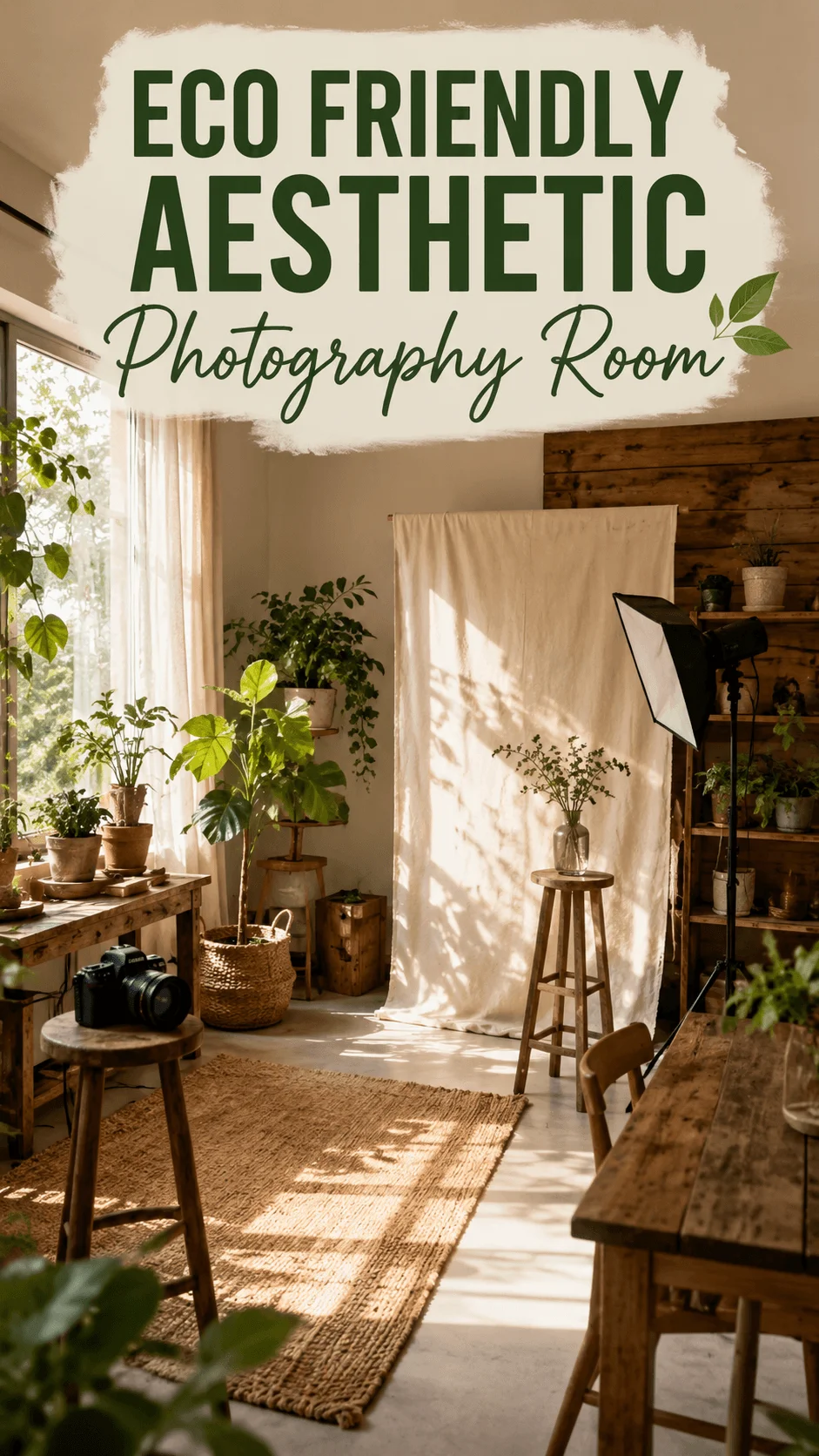 Eco friendly aesthetic photography room with natural light, indoor plants, wooden furniture, woven rug, fabric backdrop, camera, softbox lighting, and rustic sustainable decor