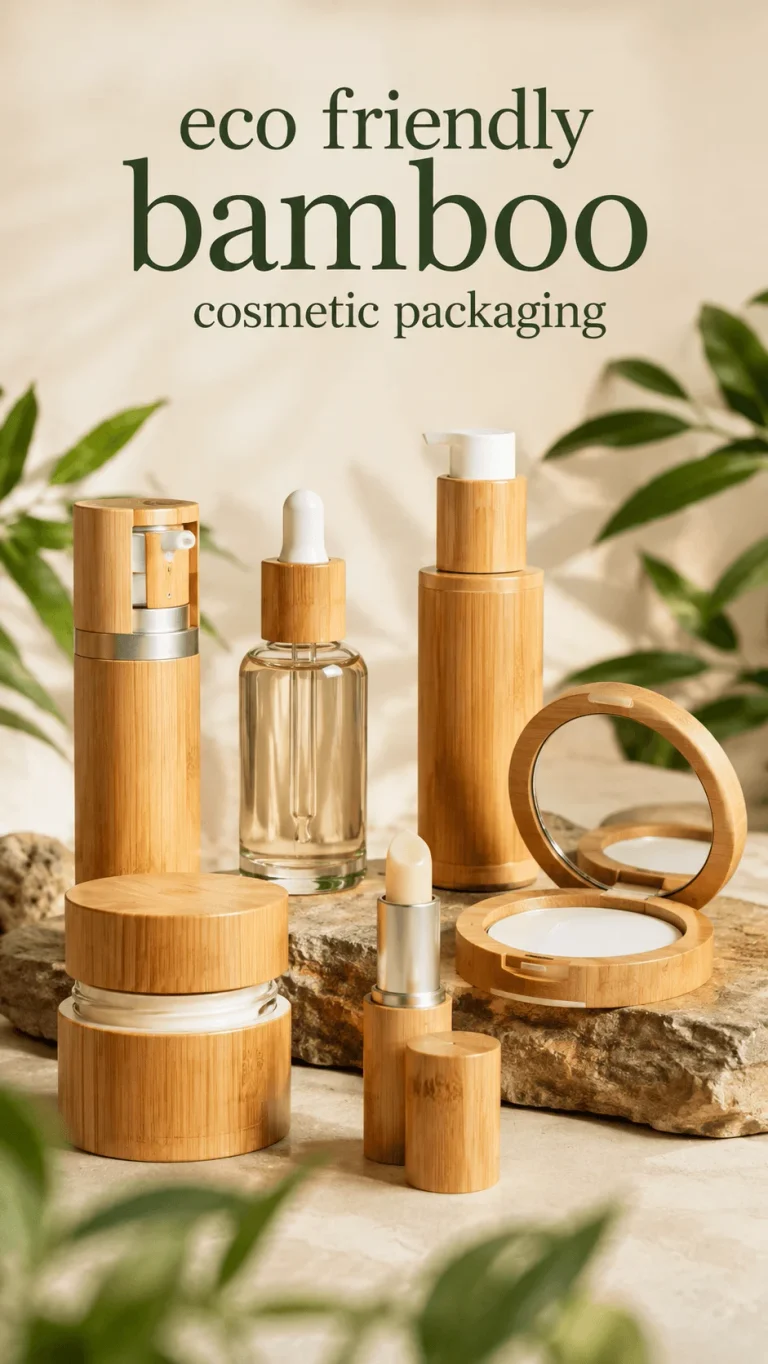 Eco friendly bamboo cosmetic packaging with serum bottle cream jar lipstick compact and pump containers surrounded by green leaves