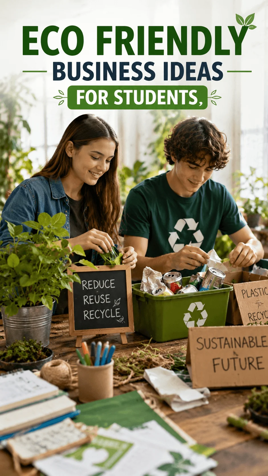 Eco friendly business ideas for students working together on recycling and sustainable projects