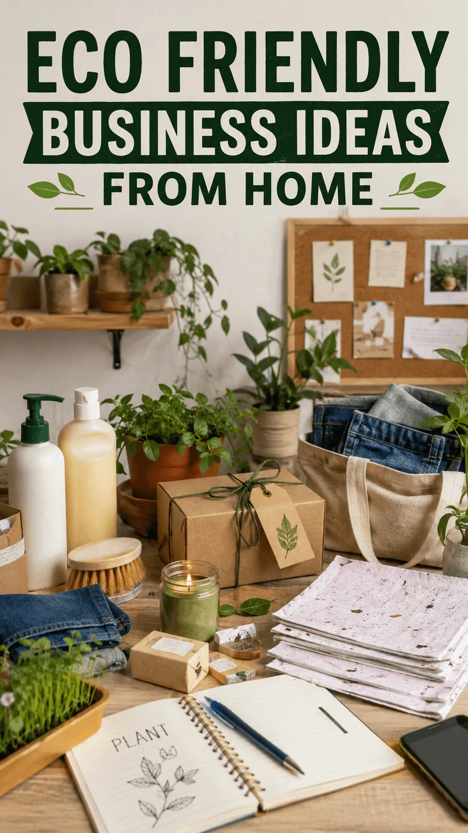 Eco friendly business ideas from home with sustainable products plants reusable packaging upcycled clothing and natural home goods