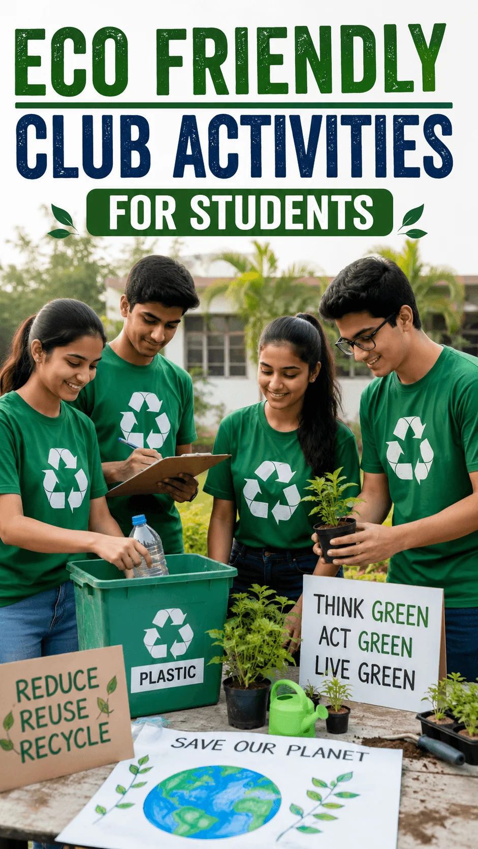 Students participating in eco friendly club activities with recycling bins plants and environmental awareness posters
