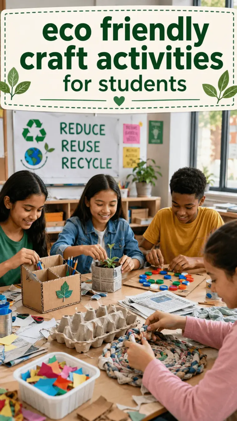 Students creating eco friendly crafts with recycled cardboard newspaper bottle caps egg cartons and fabric scraps in a classroom