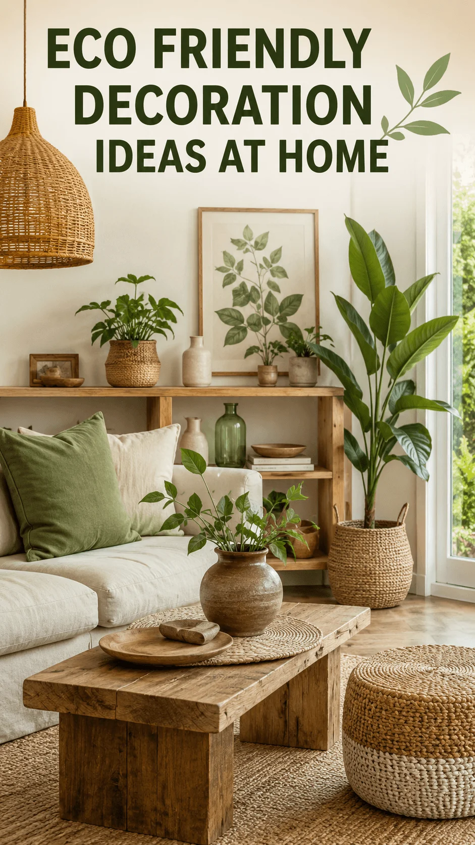 Eco friendly living room with natural wood furniture, woven baskets, indoor plants, neutral textiles, earthy decor and warm natural light