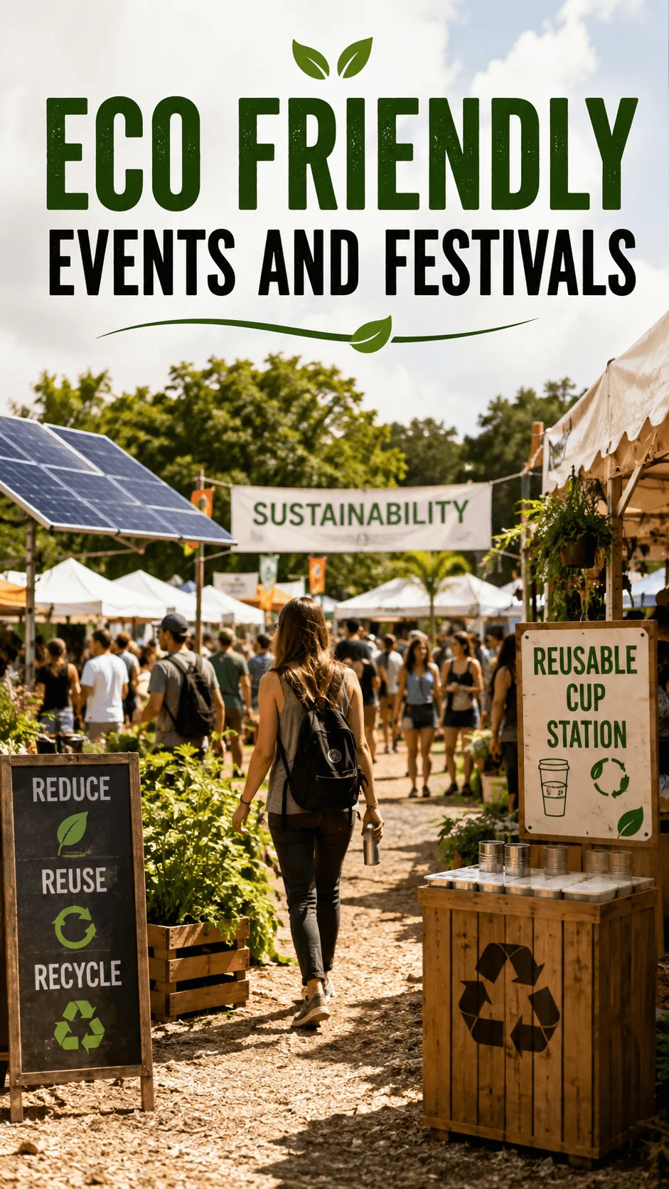 Eco friendly outdoor festival with solar panels reusable cup station recycling bins and sustainable event activities