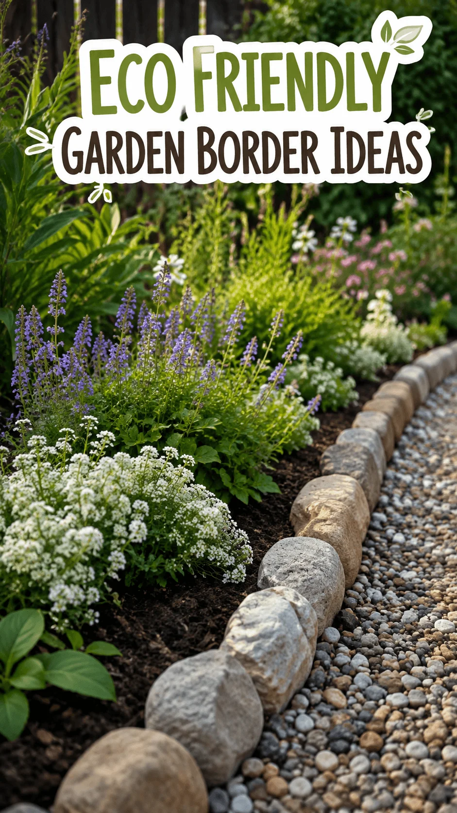 Eco friendly garden border ideas with natural stone edging colorful flowers lush greenery and a gravel pathway