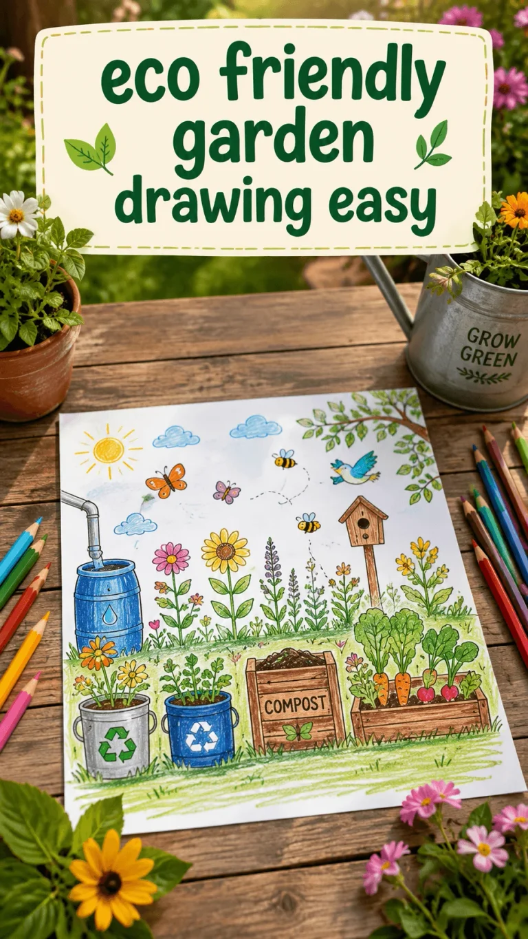 Eco friendly garden drawing with flowers vegetables compost bins rain barrel birdhouse butterflies bees and recycling containers on a wooden table