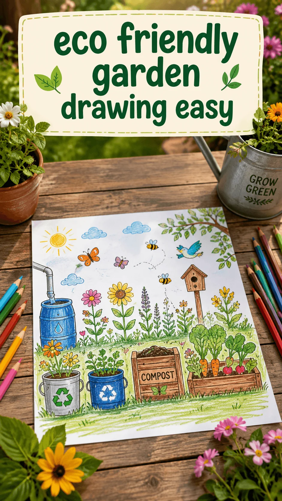 Eco friendly garden drawing with flowers vegetables compost bins rain barrel birdhouse butterflies bees and recycling containers on a wooden table