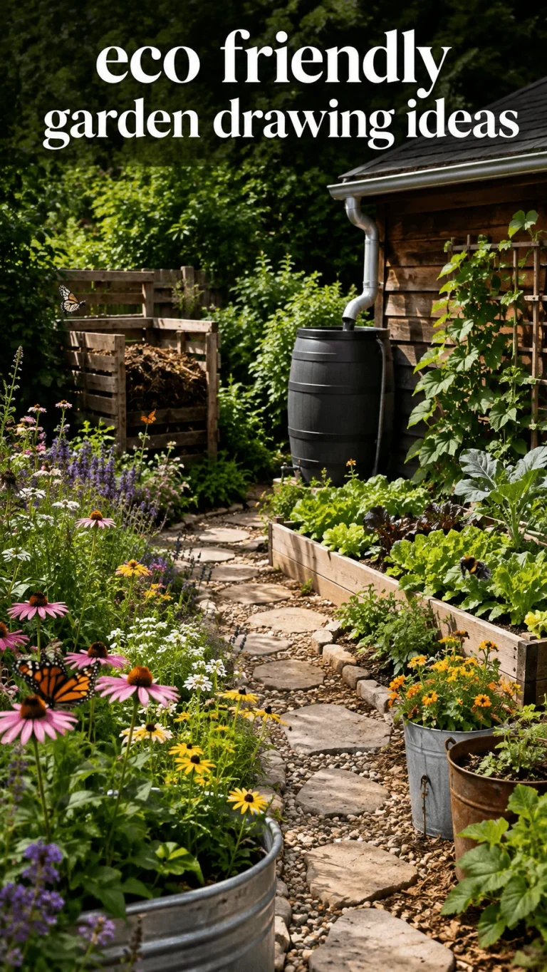 Eco friendly garden drawing ideas with wildflowers, raised vegetable beds, compost bin, rain barrel, stone pathway, butterflies and sustainable gardening features