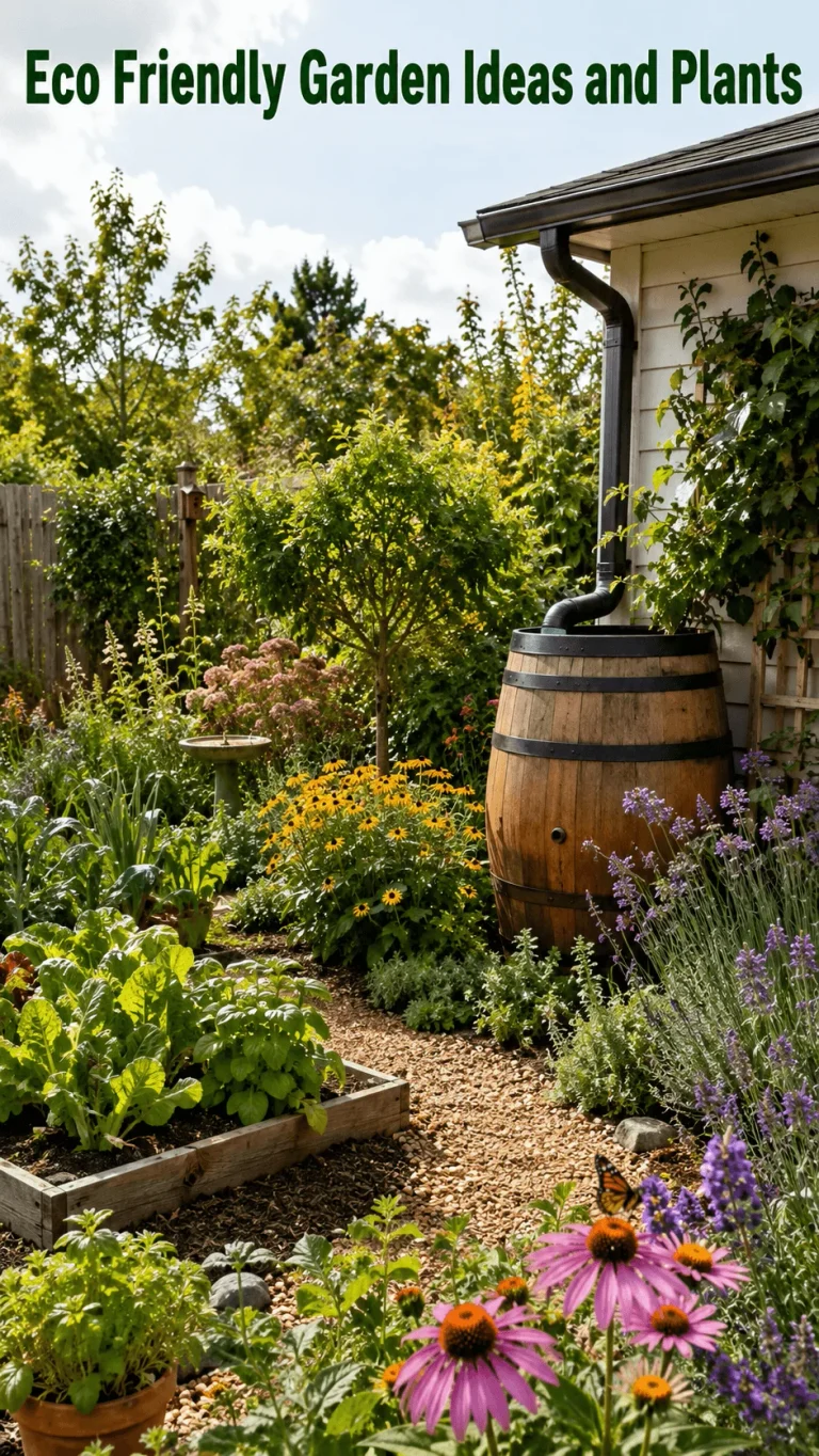 Eco friendly garden with raised vegetable beds, native flowers, rain barrel, pollinator plants, and lush greenery beside a house