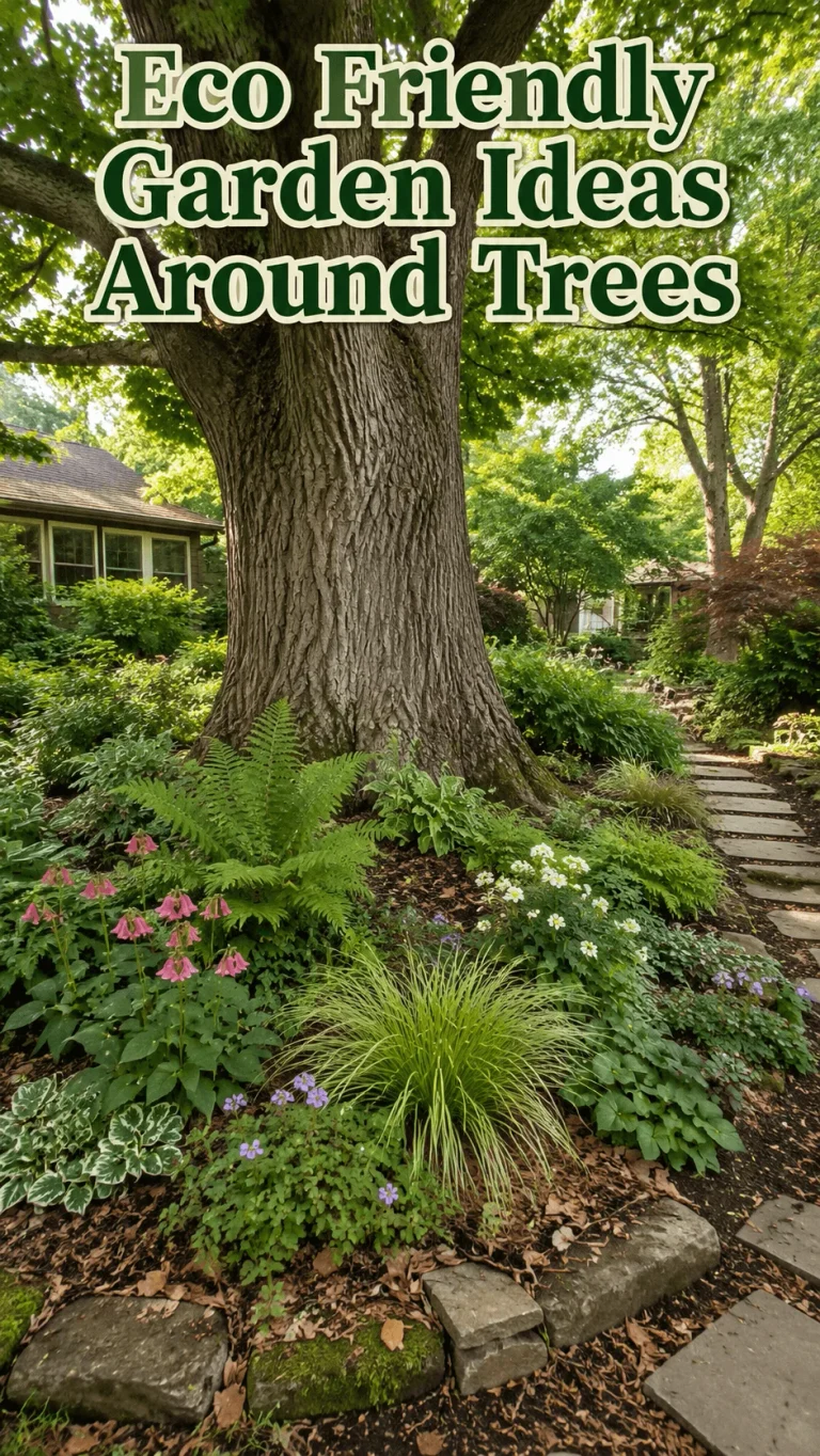 Eco friendly garden ideas around a mature tree with ferns flowering plants groundcovers natural stone edging and a garden pathway