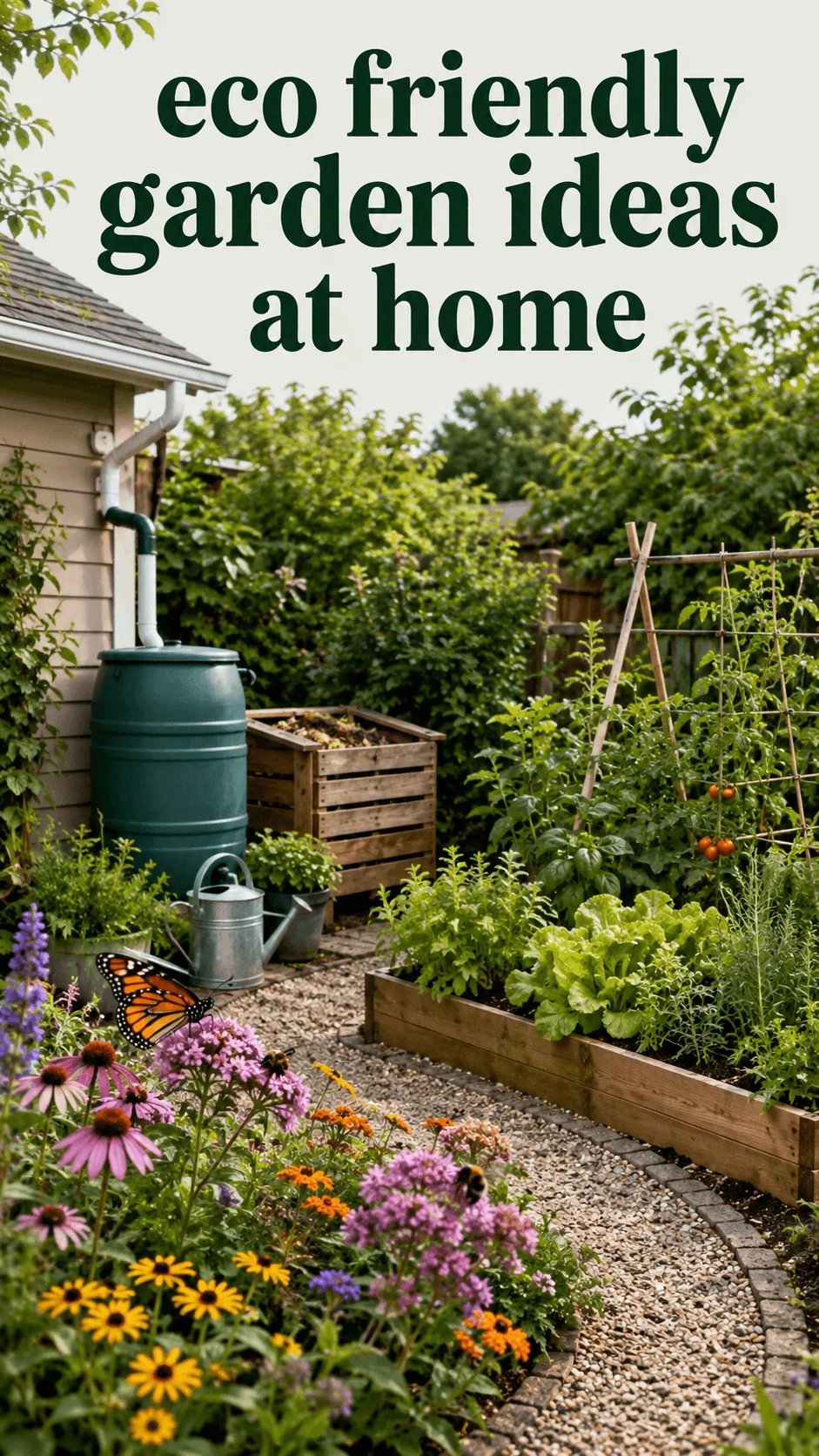 Eco friendly home garden with rain barrel compost bin raised vegetable beds gravel path colorful pollinator flowers butterfly and bees