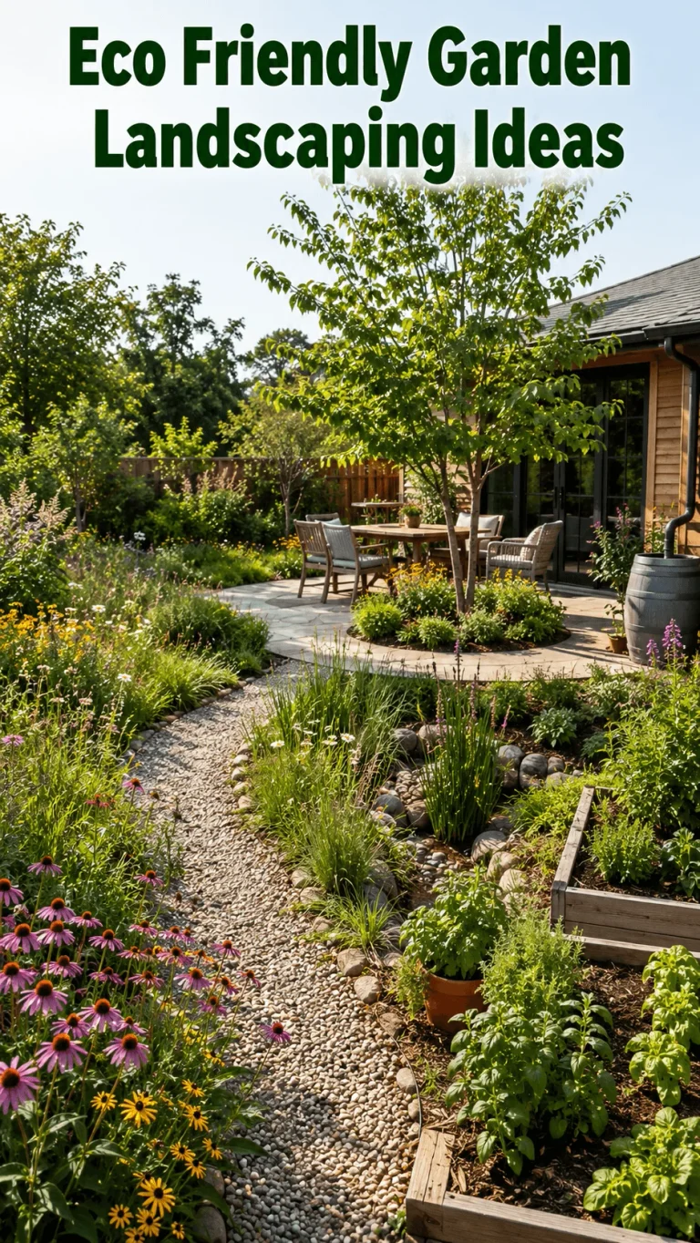 Eco friendly garden landscaping with native flowers gravel pathway raised herb beds rain garden and shaded outdoor patio