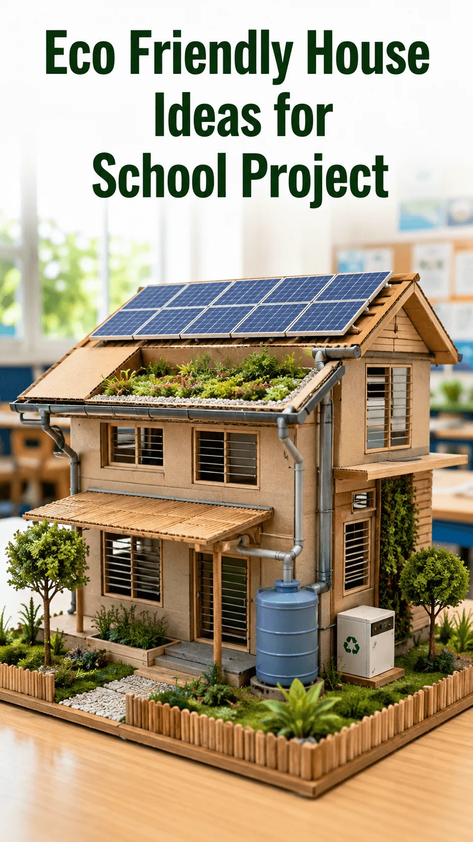 Eco friendly house ideas for school project model with solar panels green roof rainwater harvesting tank natural ventilation and sustainable landscaping