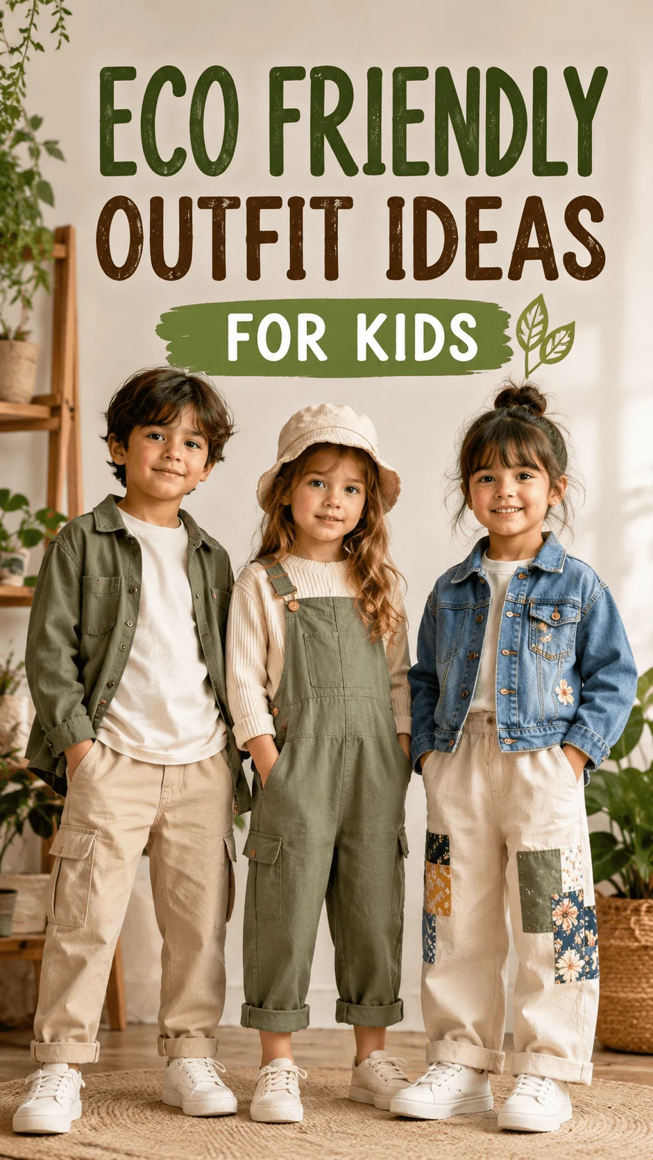 Eco friendly outfit ideas for kids featuring three children in stylish sustainable clothing with neutral colors, green overalls, denim jacket, and natural materials