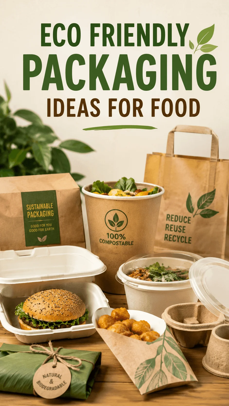 Eco friendly food packaging ideas with compostable containers paper bags biodegradable wraps and recyclable takeaway packaging