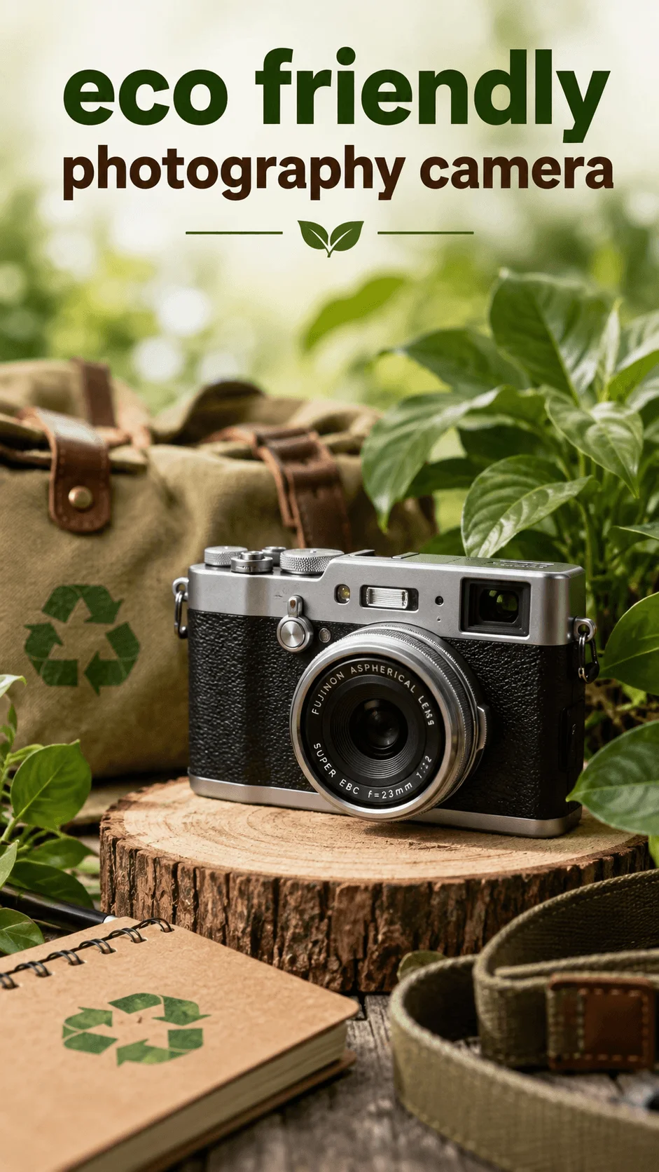 Eco friendly photography camera with a recycling symbol, natural materials, and green plants