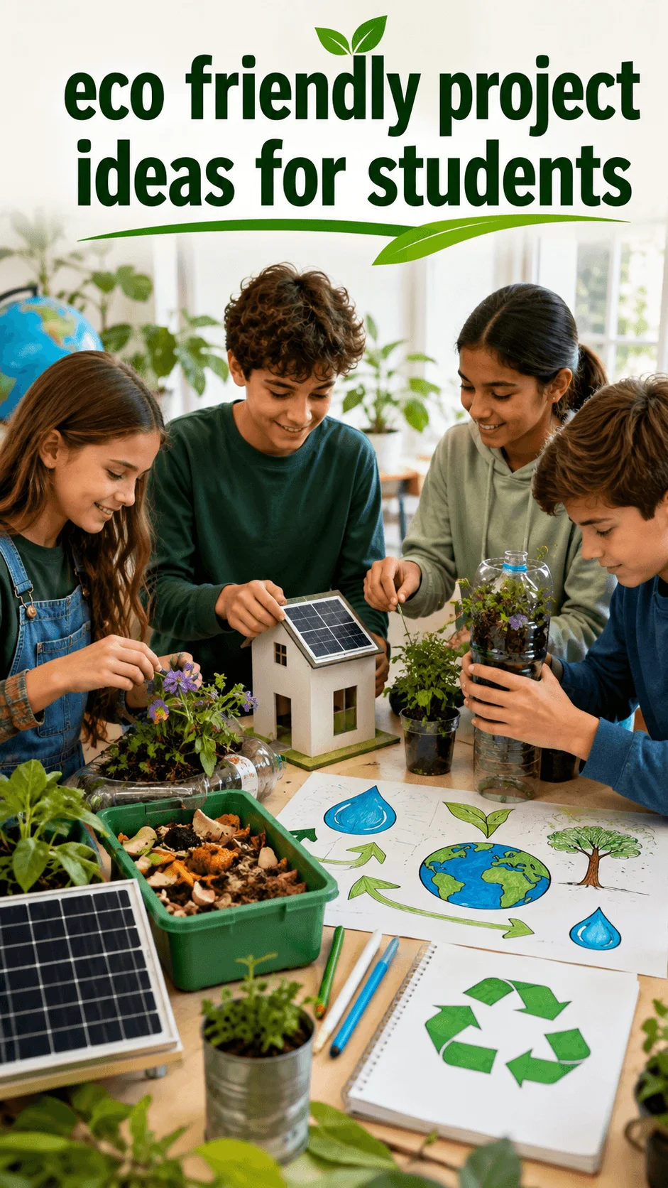 Students creating eco friendly school projects with solar panels composting plants recycling activities and sustainable house models