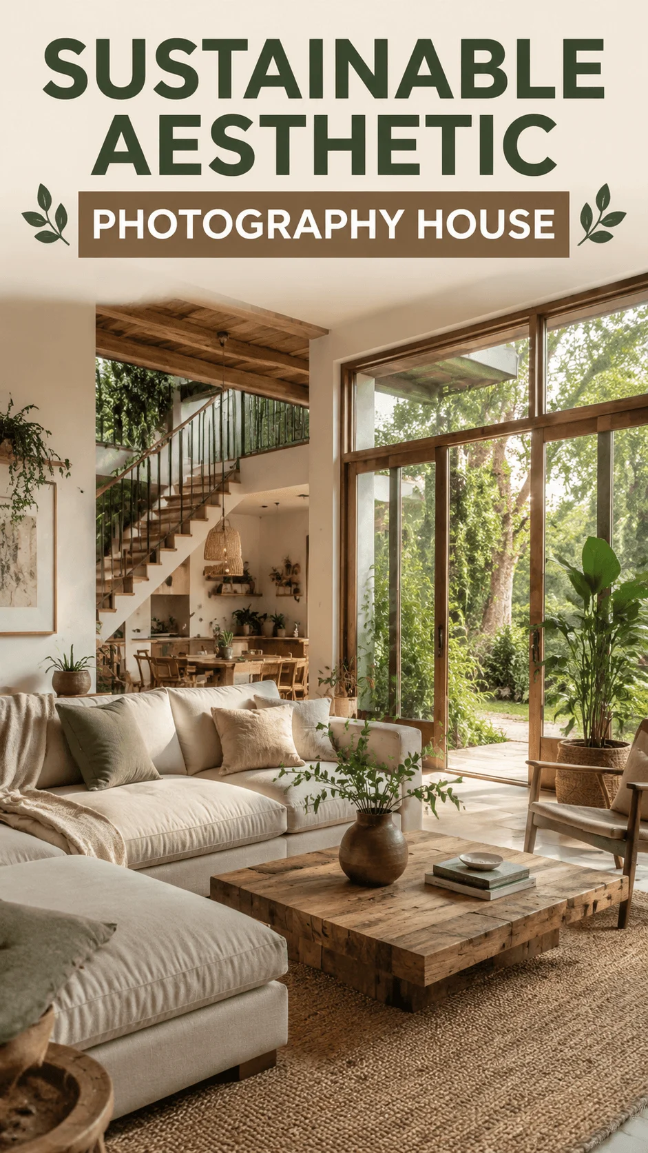 Sustainable aesthetic photography house interior with natural wood furniture large windows indoor plants neutral sofa and warm sunlight