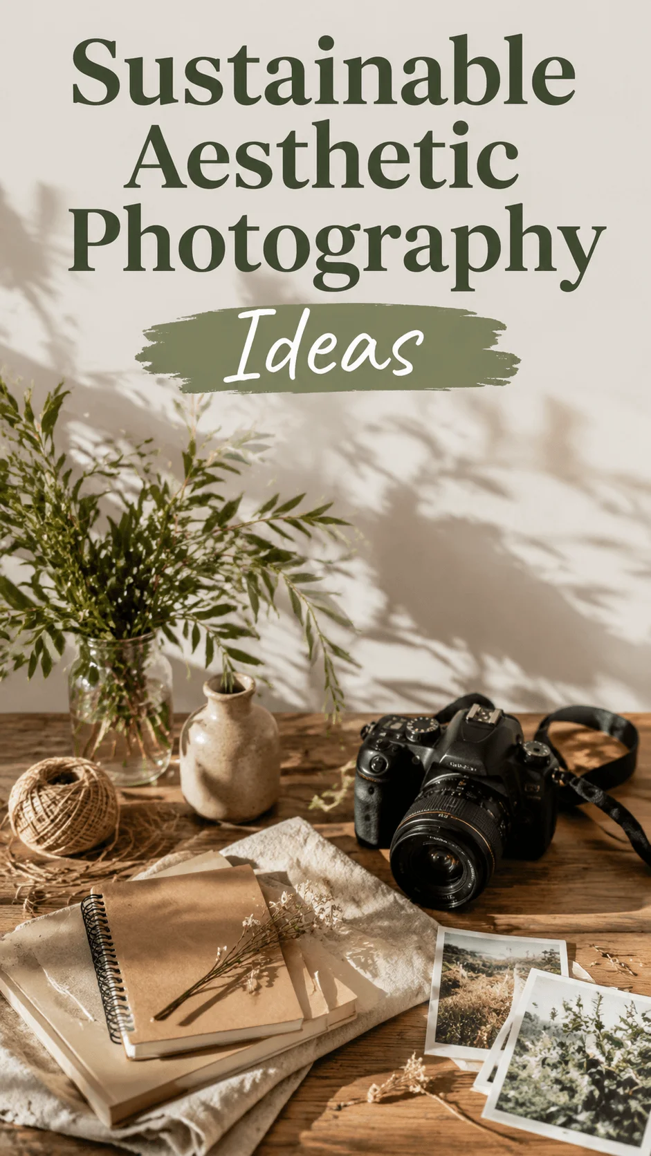 Sustainable aesthetic photography ideas featuring a camera, kraft notebooks, dried flowers, leafy branches and printed nature photos on a rustic wooden table in warm sunlight